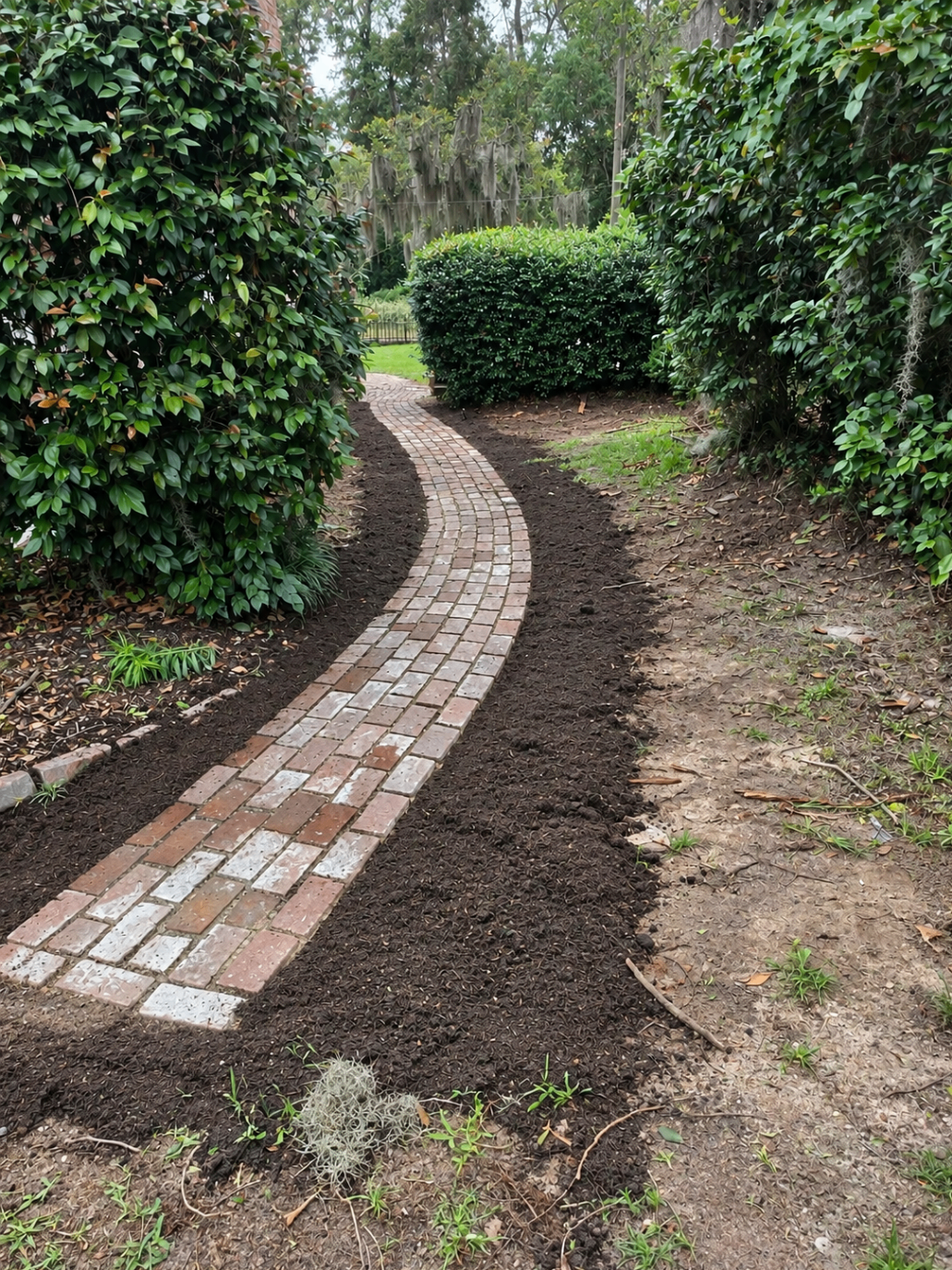 Completed curved brick garden walkway