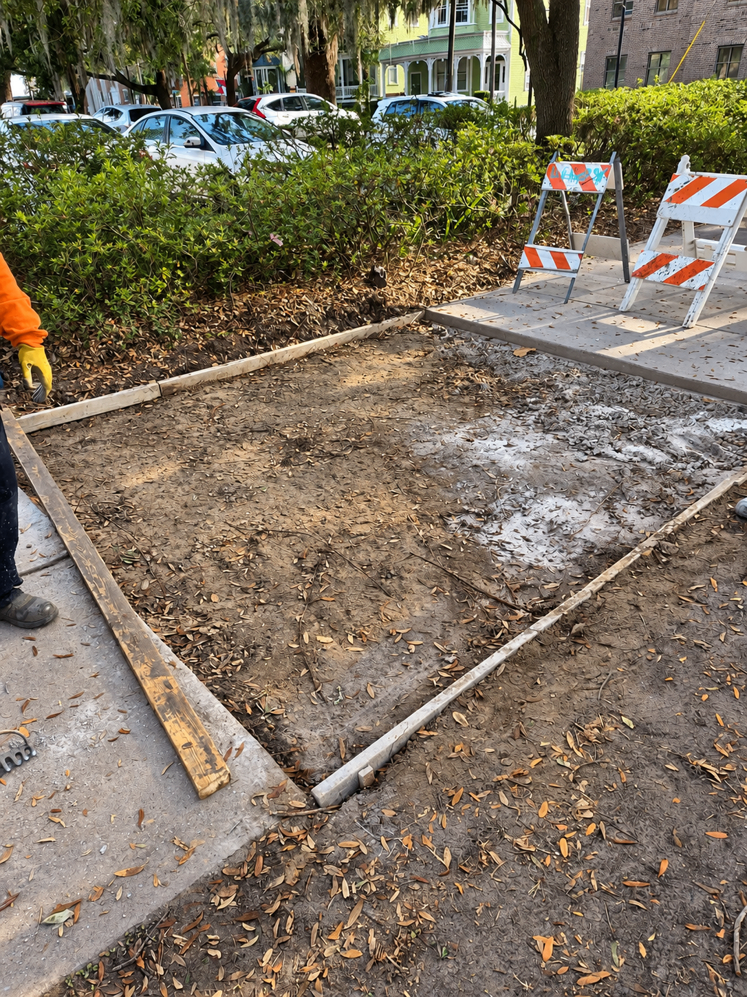 Downtown sidewalk area formed and prepared before concrete placement